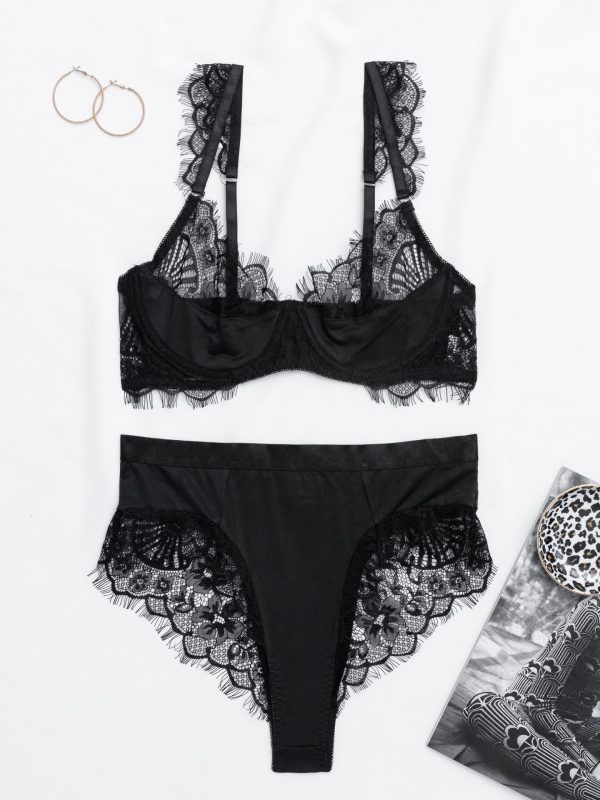 Hot Selling European and American Sexy Eyelash Lace Embroidery Pattern Perspective Sexy Underwear Three-point suit - Image 6