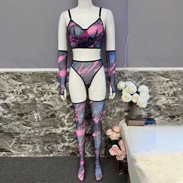DIER New Product Tie-dye Sexy Lingerie 4-piece Short Vest Gloves Stockings Party Sexy Outer Wear Set - Image 8