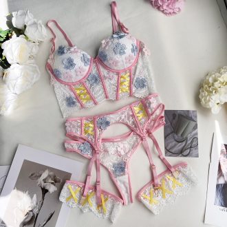 DEIR European and American Sexy with Mold Cup Heavy Craft Steel Ring Intimates Flower Hand-sewn Intimates Set