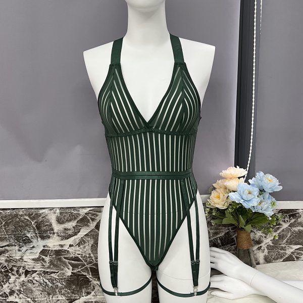 Explosions Women's Striped Backless See-through Mesh Stitching Body Shaping jumpsuit - Image 8