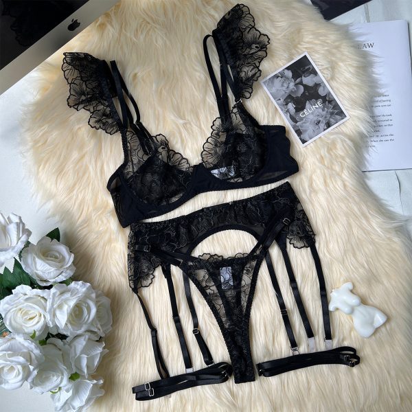 Dier Sexy Sexy Lingerie Embroider Perspective Mesh Loaded 5-Piece Bra Set - Image 7
