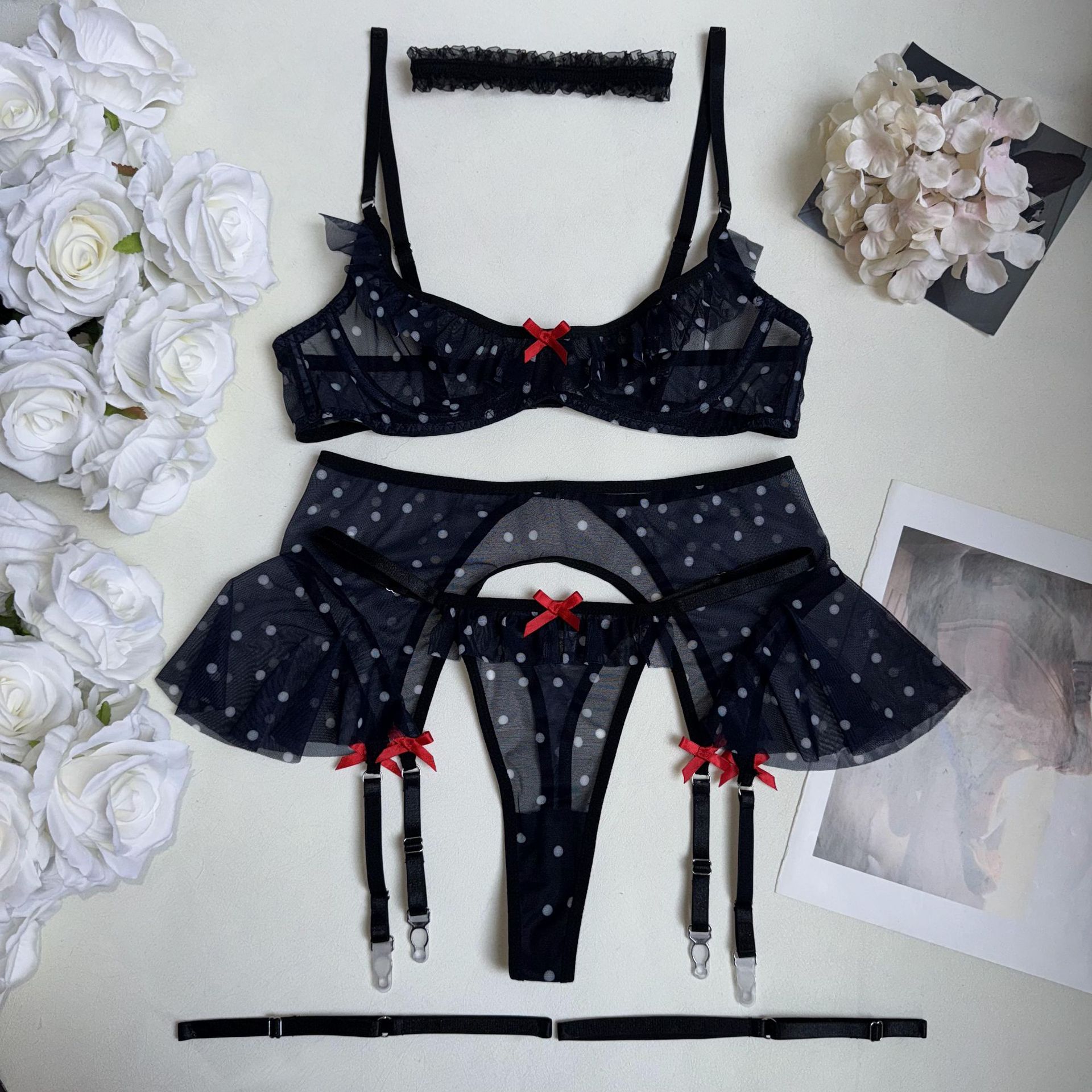 DIER Mesh Girl Sexy Low-cut Wave Point Ruffled Sexy Sling Strap All-in-one Women's Lingerie - Image 5