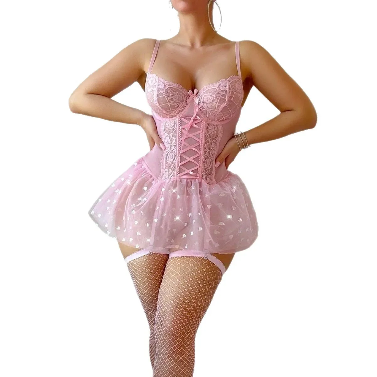 Pink Sequin Lingerie: Sexy Mesh Bow Steel Ring Temptation - Image 5