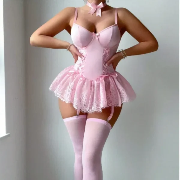Europe and the United States pure want to shape one-piece suit lace stitching with suspenders sexy lingerie - Image 3
