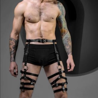 Men's sexy leather binding pants nightclub leather wear punk style leather belt one-piece pants one-piece delivery
