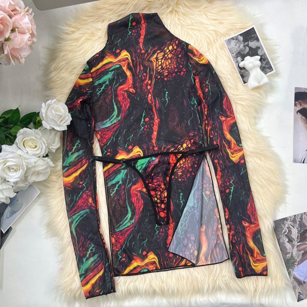 DIER European and American  New Sexy Sexy High-neck Long-sleeved Mesh Tie-dye Dress Wholesale - Image 7