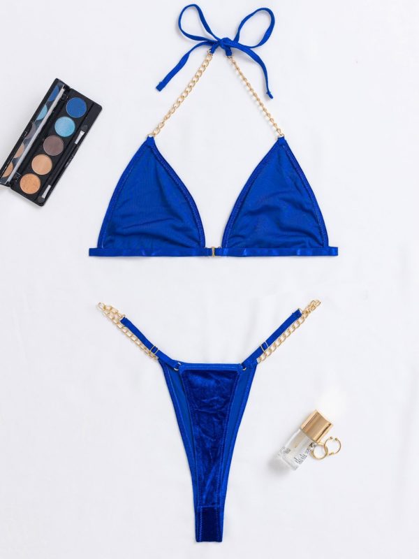 European and American Sex Lingerie Sexy Strap Metal Chain Suede Hanging Neck Backless Three-point Split Two-piece Set - Image 7