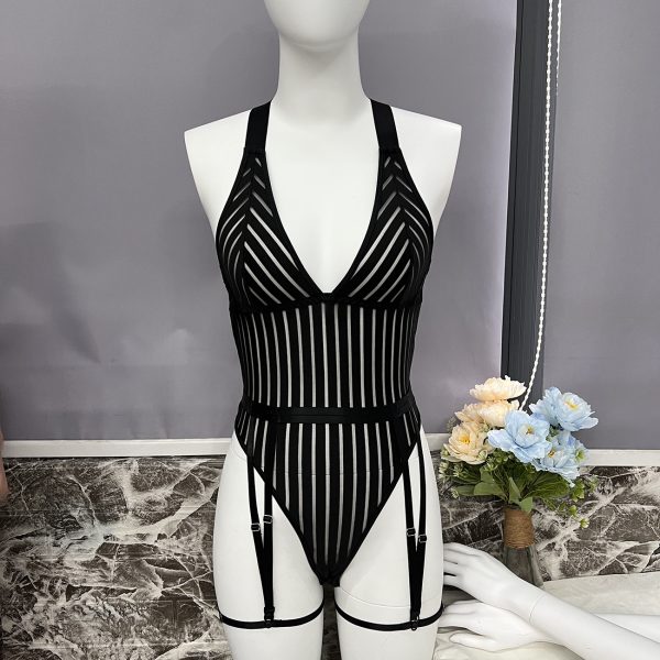 Explosions Women's Striped Backless See-through Mesh Stitching Body Shaping jumpsuit - Image 6