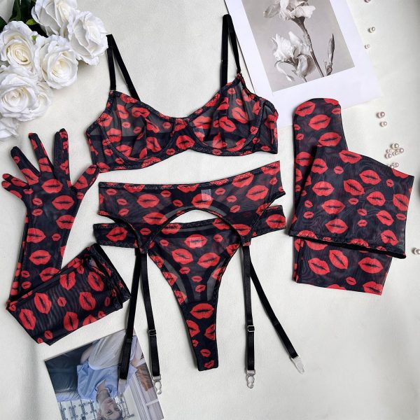 DIER European and American Sexy Lips Rose Red Pure Color Garter Gloves Sexy Intimates Sexy Kit - Image 6