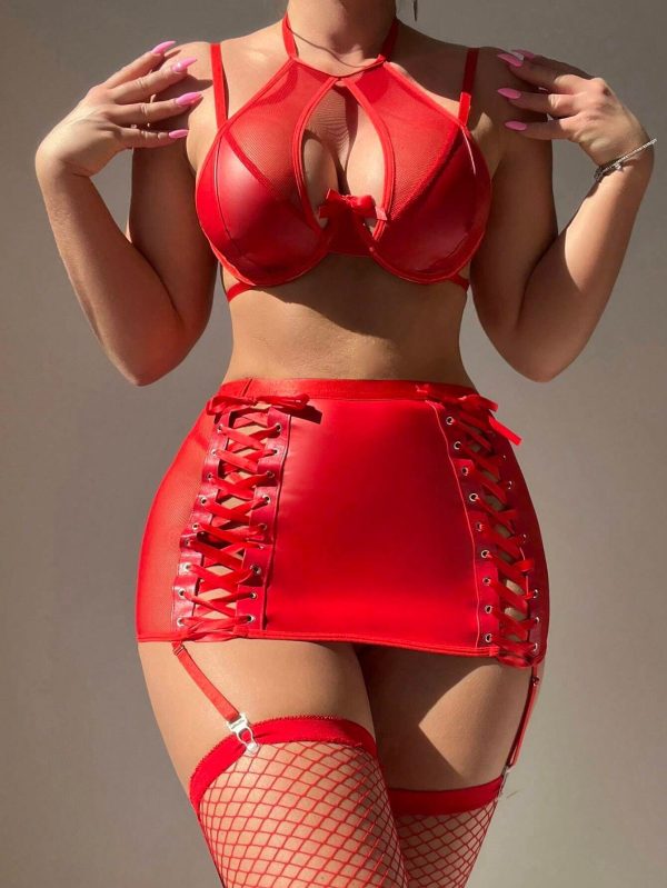 Europe and the United States perspective mesh leather stitching sexy strap black split sexy underwear suit - Image 7