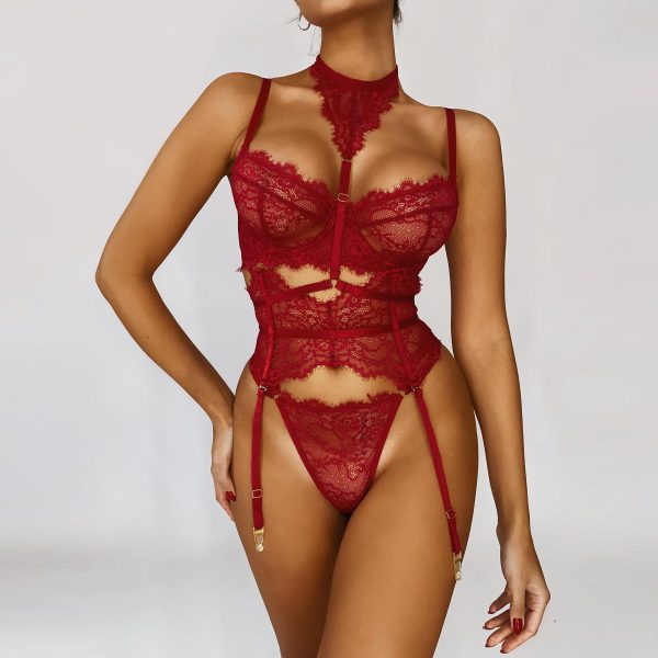 DIER European and American sexy lace neck strap stitching body shaping belt sling sexy bra 5 kit set - Image 2
