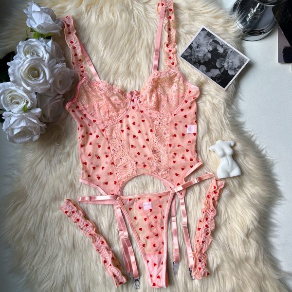 DIER Flocked Heart 4-piece Set Sexy Ladies Intimates Set Suspender Bra + Thong + 2 Leg Socks - Image 8