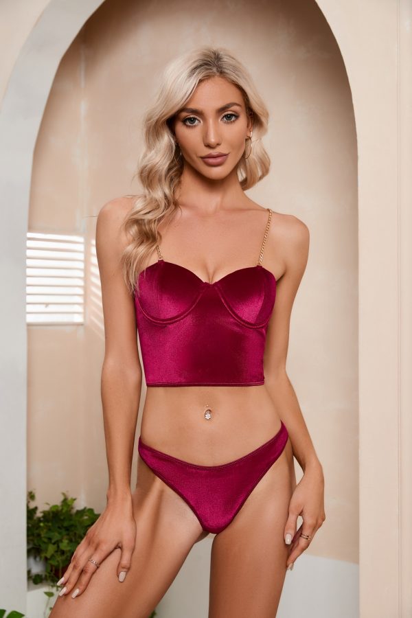 European and American Style suit Metal Chain Slim Sling Sexy Underwear Rose Solid Color Two-piece Set - Image 6