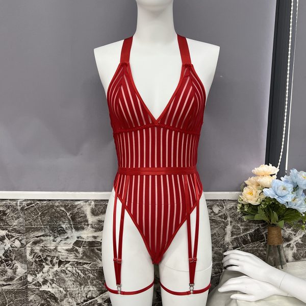 Explosions Women's Striped Backless See-through Mesh Stitching Body Shaping jumpsuit - Image 7