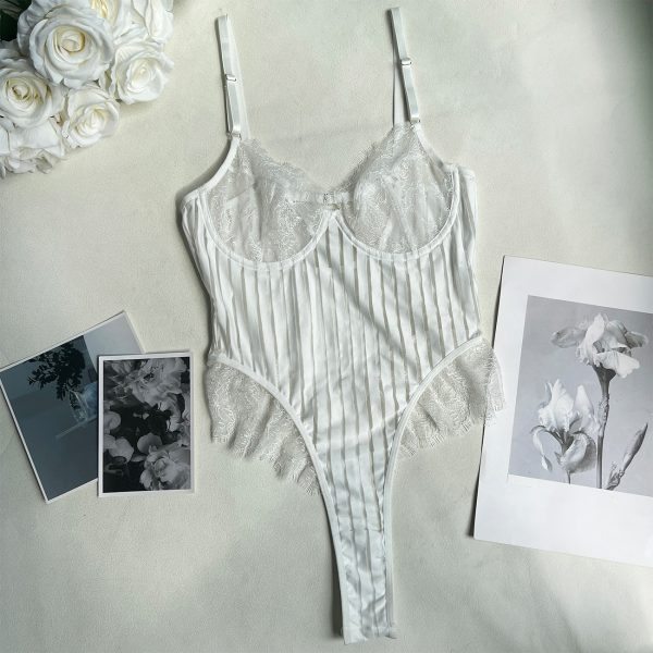 Mesh Stripesd Lace Open Concealed Button Jumpsuit - Image 6