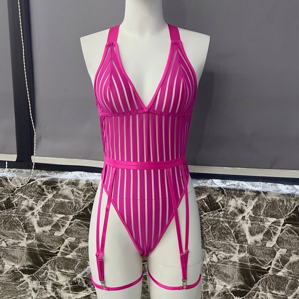 Explosions Women's Striped Backless See-through Mesh Stitching Body Shaping jumpsuit - Image 10