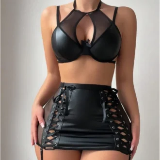 Europe and the United States perspective mesh leather stitching sexy strap black split sexy underwear suit