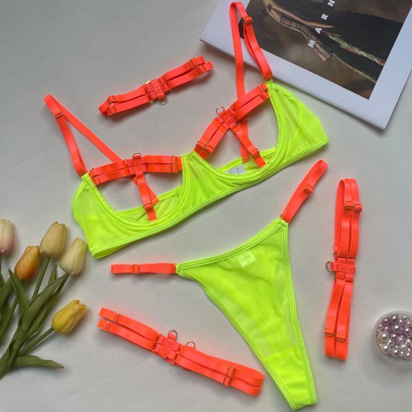 Deer European and American Explosive Summer New Women's Fashion Two-color Stitching Strap Complex Heavy Technology Underwear 4-piece Set - Image 13