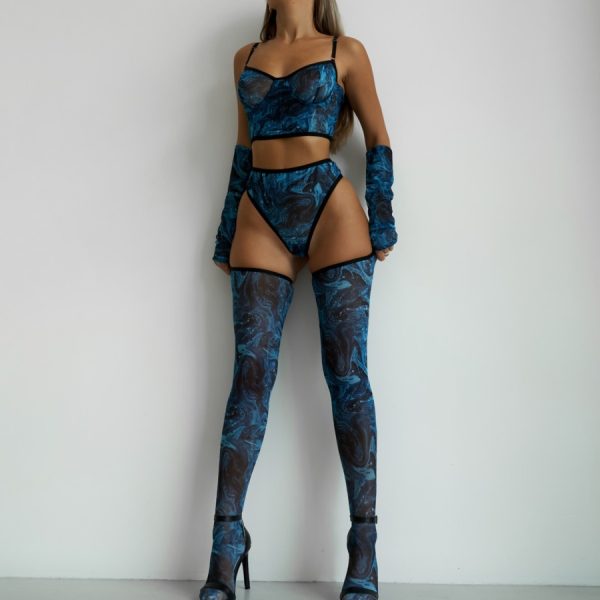 DIER New Product Tie-dye Sexy Lingerie 4-piece Short Vest Gloves Stockings Party Sexy Outer Wear Set - Image 2