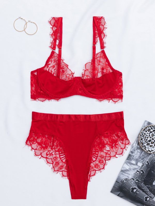 Hot Selling European and American Sexy Eyelash Lace Embroidery Pattern Perspective Sexy Underwear Three-point suit - Image 7