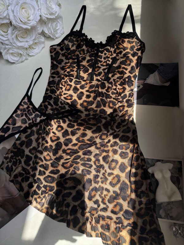 DIER European and American Sex Leopard Print Lace Perspective Temptation Nightdress G-string Two-piece suit suit - Image 7