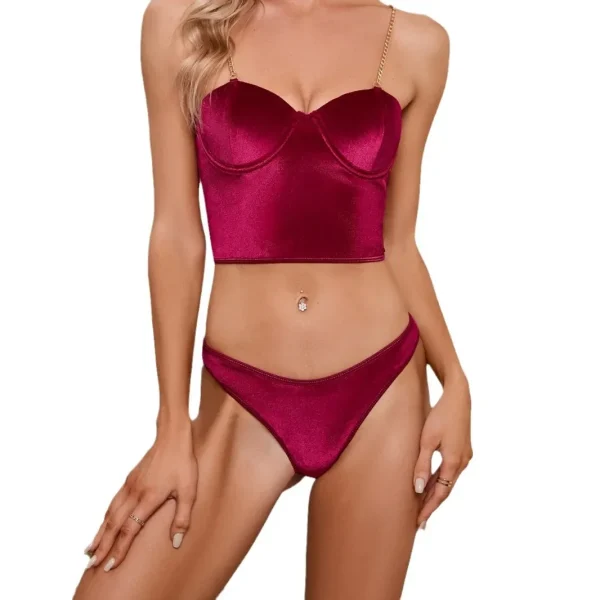 European and American Style suit Metal Chain Slim Sling Sexy Underwear Rose Solid Color Two-piece Set - Image 5