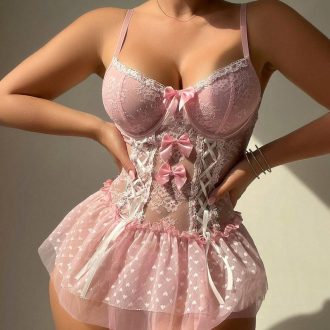 European and American new sexy steel ring gather temptation transparent mesh bow conjoined sexy underwear