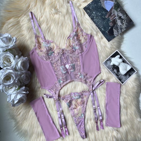 Sexy Temptation Mesh Heavy Industry Embroidery Mesh Pack 3-piece Bra suit - Image 12