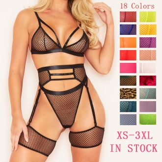 19 Color European and American  Women's Fishing Net Perspective Lace Sexy Gather Three-piece XS-3XL