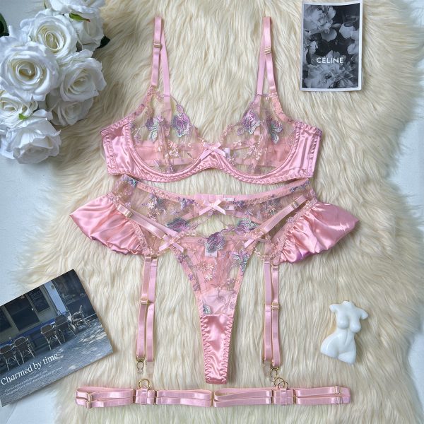 DIER Fashion Heavy Embroidered Satin Stitching Sexy Lace-up Sling Underwear Kit - Image 7