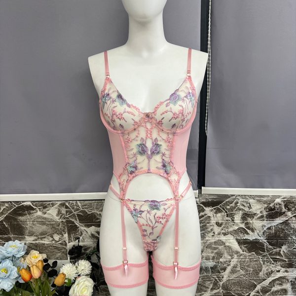 Sexy Temptation Mesh Heavy Industry Embroidery Mesh Pack 3-piece Bra suit - Image 14