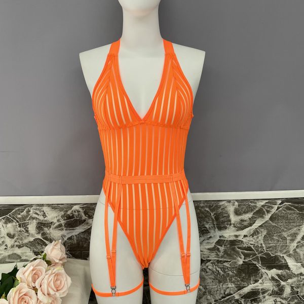 Explosions Women's Striped Backless See-through Mesh Stitching Body Shaping jumpsuit - Image 12