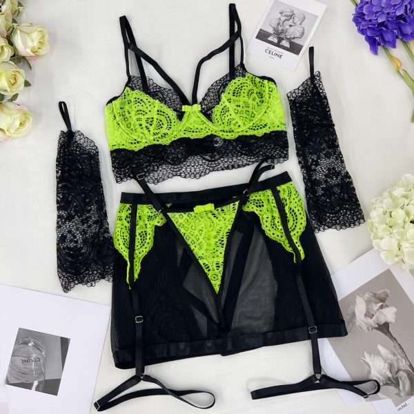 DEIR European and American sexy lace underwear steel ring underwear set sexy hip sexy gloves set - Image 7
