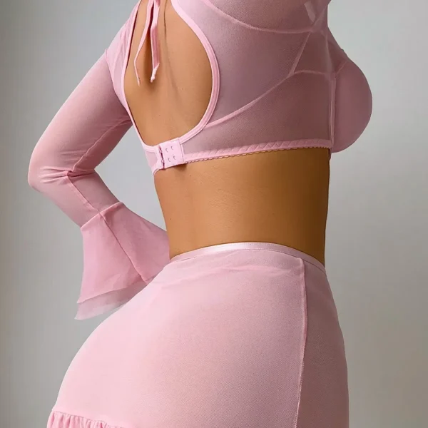 INS European and American Sexy Thin Perspective Mesh Backless Long Sleeve Ruffled Skirt Sexy Underwear Three-piece Set - Image 4