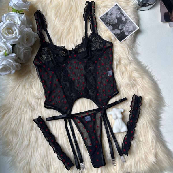 DIER Flocked Heart 4-piece Set Sexy Ladies Intimates Set Suspender Bra + Thong + 2 Leg Socks - Image 6
