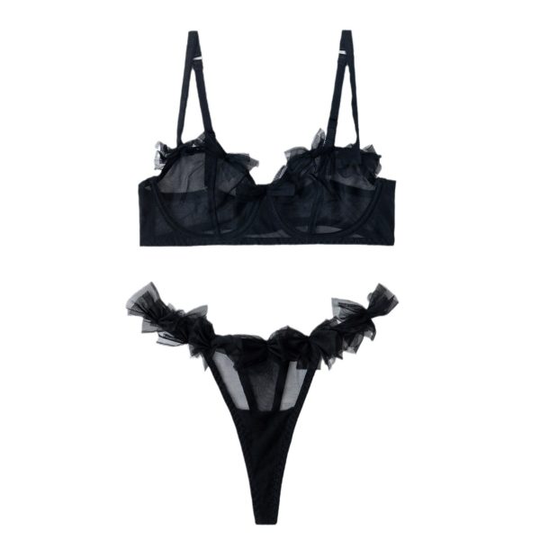 European and American Sexy Lingerie Pure Lust Style Suspender Bow Mesh See-Through Three-Point Sexy Suit - Image 5