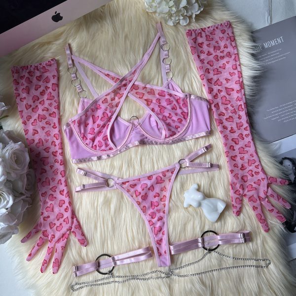 DIER pink leopard metal chain sexy underwear suit with gloves leg ring Valentine's Day gift - Image 6