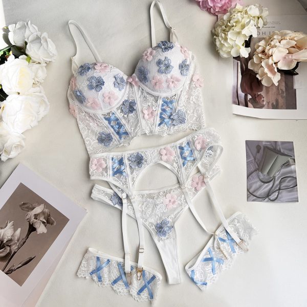 DEIR European and American Sexy with Mold Cup Heavy Craft Steel Ring Intimates Flower Hand-sewn Intimates Set - Image 2
