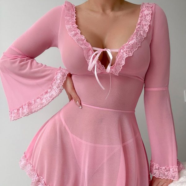 Europe and the United States sexy backless lace lace perspective mesh long sleeve strap conjoined sexy underwear - Image 2