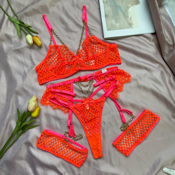 Deer  Explosions Heavy Industry Chain Color Matching Grid Sexy Breathable Slim Fit Strap Sexy Underwear 4-piece Set - Image 6