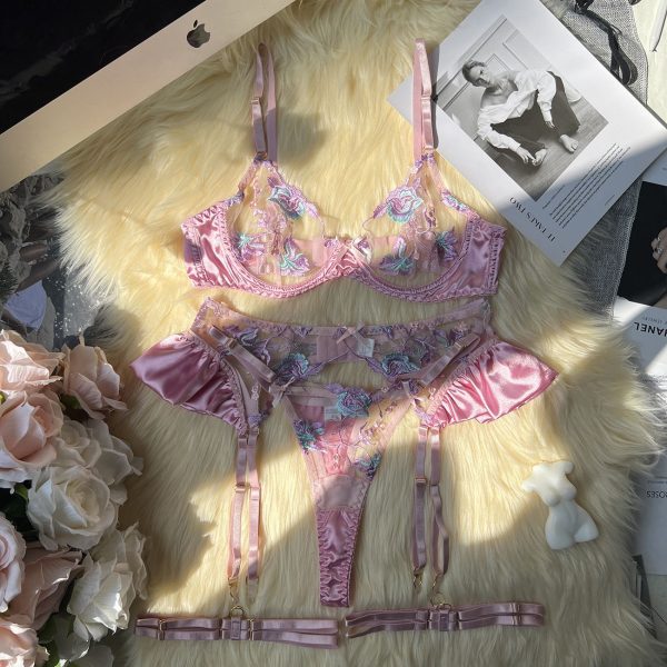 DIER Fashion Heavy Embroidered Satin Stitching Sexy Lace-up Sling Underwear Kit - Image 8