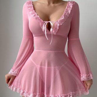 Europe and the United States sexy backless lace lace perspective mesh long sleeve strap conjoined sexy underwear