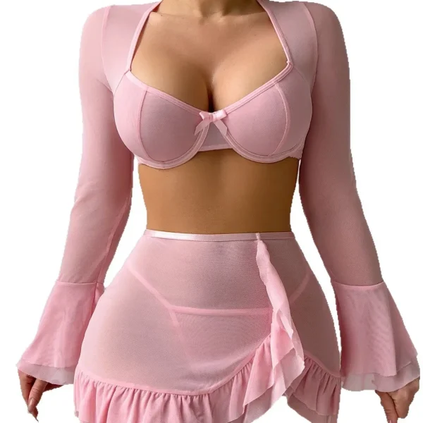 INS European and American Sexy Thin Perspective Mesh Backless Long Sleeve Ruffled Skirt Sexy Underwear Three-piece Set - Image 5