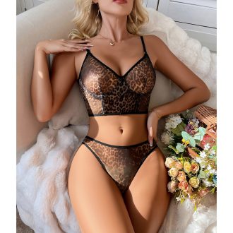 DIER  Leopard Print Lingerie Sexy Ladies Perspective Erotic Romantic Bra suit