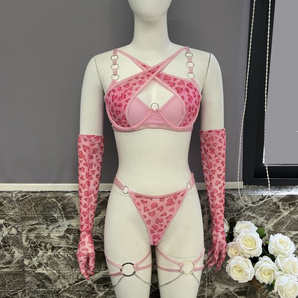 DIER pink leopard metal chain sexy underwear suit with gloves leg ring Valentine's Day gift - Image 7