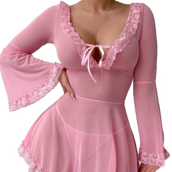 Europe and the United States sexy backless lace lace perspective mesh long sleeve strap conjoined sexy underwear - Image 5