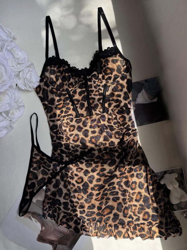 DIER European and American Sex Leopard Print Lace Perspective Temptation Nightdress G-string Two-piece suit suit - Image 6