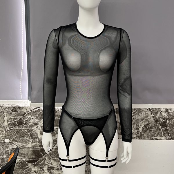 DIER foreign trade fashion sexy mesh perspective one-part shorts long sleeve high collar mesh transparent one-part top - Image 7