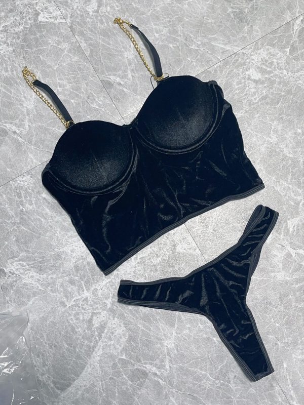 European and American Style suit Metal Chain Slim Sling Sexy Underwear Rose Solid Color Two-piece Set - Image 7