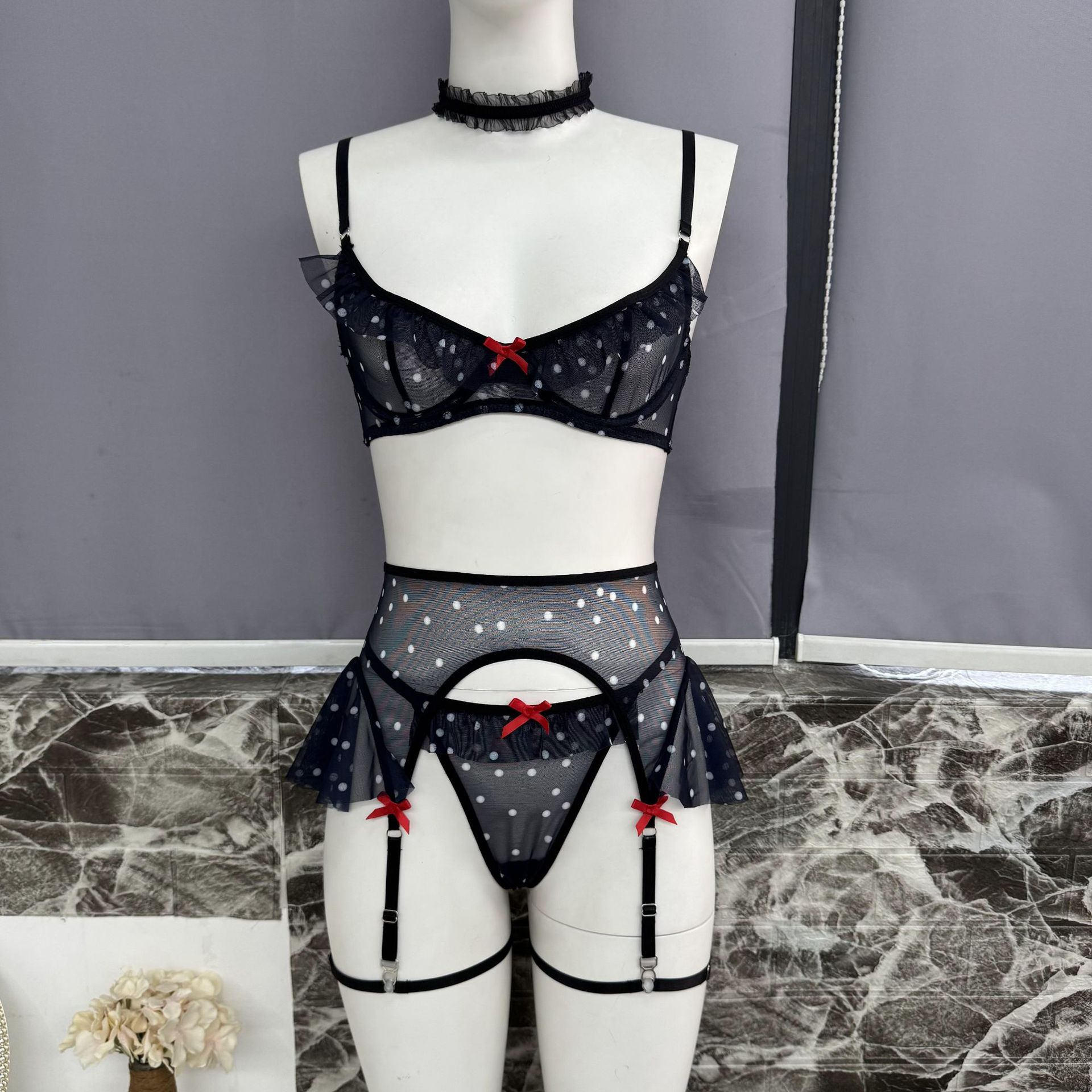 DIER Mesh Girl Sexy Low-cut Wave Point Ruffled Sexy Sling Strap All-in-one Women's Lingerie - Image 6